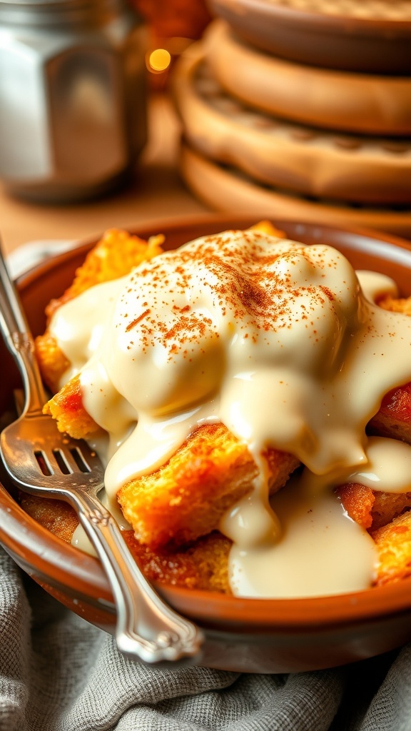 A bowl of bread pudding drizzled with vanilla sauce, garnished with cinnamon, in a cozy kitchen.